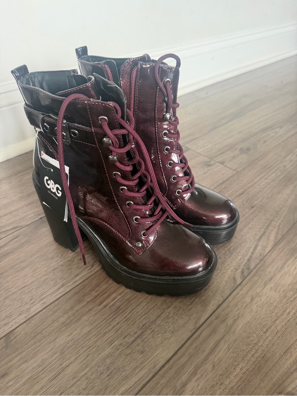 GBG Los Angeles Burgundy Patent Lace-Up Platform Ankle Boots